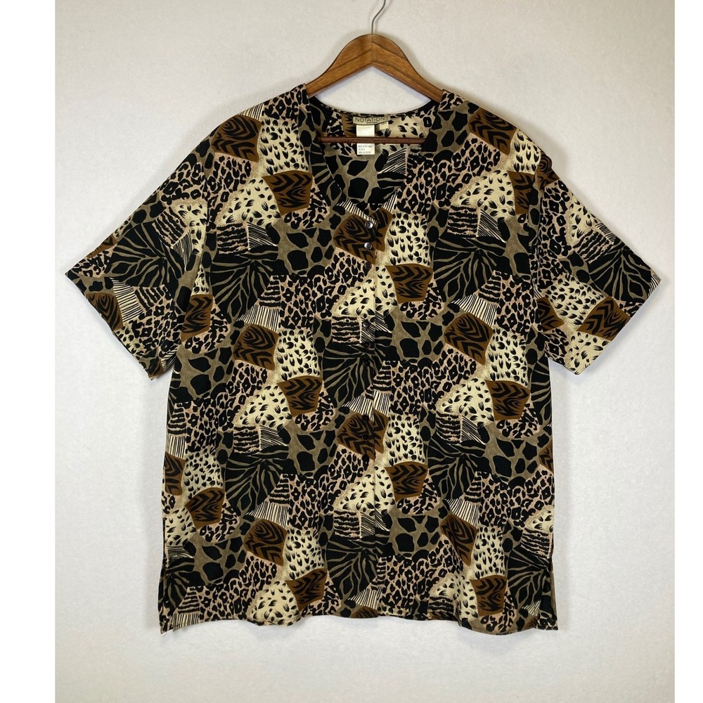 90s Vintage‎ Notations Women 18W Brown Mixed Animal Print Shoulder Pad Blouse
